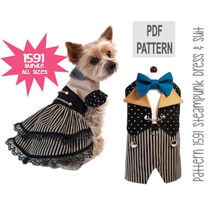 Steampunk Dog Dress & Suit Pattern 1591 | Bundle All Sizes | Dog Costume Sewing Pattern | Victorian Pet Clothes | Halloween or Party Wear