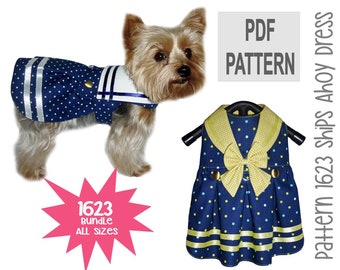 Ships Ahoy Sailor Dog Dress Patrón de costura 1623 - Perro náutico - Traje de marinero para perros - Patrón de ropa para perros - Traje de marinero - Paquete de todos los tamaños