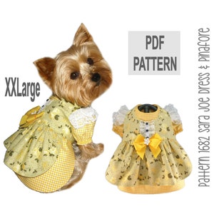Puede incluir: Un patrón PDF para un vestido de perro de cuadros amarillos y blancos con un corpiño de estampado floral y un lazo amarillo. El patrón es para un vestido de perro de talla XXLarge. El texto "PDF PATTERN" está en un rectángulo gris en la esquina superior derecha de la imagen. El texto "Pattern 1682 Sara Joe Dress & Pinafore" está en un rectángulo gris en la esquina inferior derecha de la imagen.