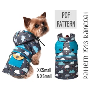 Peut inclure: Patron PDF pour un imperméable pour chien avec un imprimé nuage et goutte de pluie. Le patron est disponible en tailles XXS et XS. Le patron est présenté sur un petit chien portant l'imperméable.