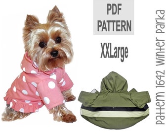 May include: PDF pattern for a dog winter parka in size XXLarge. The pattern is shown on a small dog wearing a pink polka dot jacket. The pattern is also shown on a green parka with a black and white stripe.