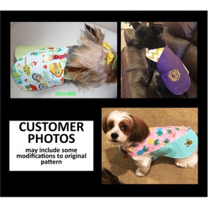 May include: Three dogs wearing different custom-made dog clothes. The first dog is wearing a green, white, and red patterned shirt with a bicycle design. The second dog is wearing a purple vest with a yellow chevron pattern and a monogram. The third dog is wearing a blue and pink shirt with a pineapple design.