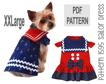 Sailor Dog Dress Sewing Pattern 1595 - Nautical Pet Dog and Cat Dresses - Navy Dog Cat Dresses - Pet Dog Cat Sailor Outfit Costumes - XXLg