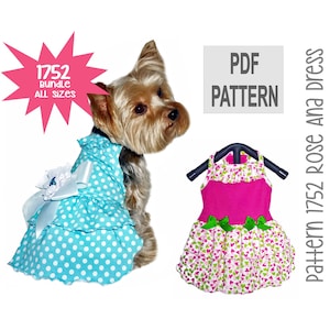 Könnte beinhalten: PDF-Schnittmuster für ein Hundefkleid, genannt "Rose Ana Dress", in den Größen XS-XL. Das Schnittmuster umfasst zwei Stile: ein blaues Kleid mit weißen Punkten und einer weißen Schleife und ein pinkfarbenes Kleid mit grünen Herzen und Schleifen.