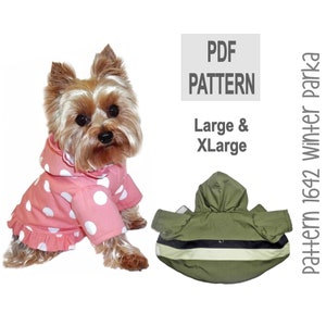 May include: PDF pattern for a dog winter parka in sizes large and extra large. The pattern includes a pink polka dot parka with a ruffle and a green parka with a black and white stripe.
