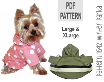 May include: PDF pattern for a dog winter parka in sizes large and extra large. The pattern includes a pink polka dot parka with a ruffle and a green parka with a black and white stripe.