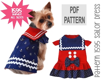 Sailor Dog Dress Sewing Pattern 1595 - Nautical Pet Dog Cat Dress - Navy Dog Cat Dress - Pet Dog Sailor Outfit Costumes - Bundle All Sizes