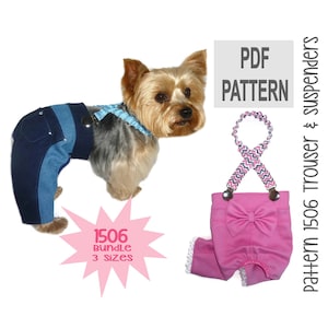May include: A PDF pattern for a dog trouser and suspender set. The pattern is available in three sizes. The image shows a pink trouser with a bow and a blue and white chevron suspender. The text on the image reads "PDF PATTERN" and "Pattern 1506 Trouser & Suspenders".