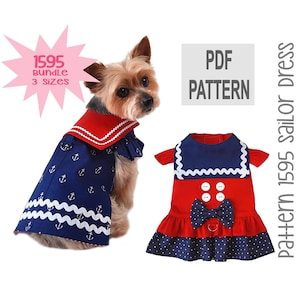 Sailor Dog Dress Pattern 1595 | Bundle 3 Sizes | DIY Nautical Ruffled or Jumper Style Small Dog Dress Sewing Pattern | PDF Instant Download
