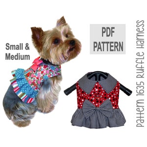 May include: PDF pattern for a small to medium dog harness with a ruffle. The harness is black and white checkered with red polka dots and a red bow. The pattern is called "1635 Ruffle Harness".
