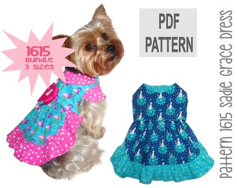 Sadie Grace Dog Dress Sewing Pattern 1615 - Small Pet and Dog Clothes Pattern - Pet Dog and Cat Harness Dress - Dog Apparel - Bundle 3 Sizes