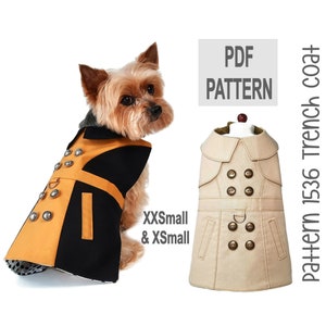 May include: PDF pattern for a dog trench coat in sizes XXS and XS. The pattern is shown on a tan mannequin and a Yorkshire Terrier wearing a black and mustard yellow coat.