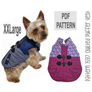 May include: PDF pattern for a quilted puffer vest for dogs in size XXLarge. The vest is blue and purple with a geometric pattern and has a toggle closure.