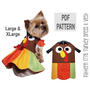 May include: PDF pattern for a turkey dress and vest for a dog. The pattern is available in sizes large and extra large. The image shows a dog wearing the dress and a close-up of the dress and vest.