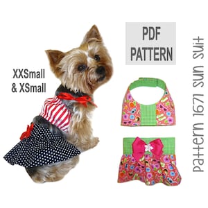 May include: PDF pattern for a dog sun suit in sizes XXS and XS. The pattern includes a red and white striped top with a red bow, a green and white gingham halter top, and a pink and green floral skirt with a pink bow.