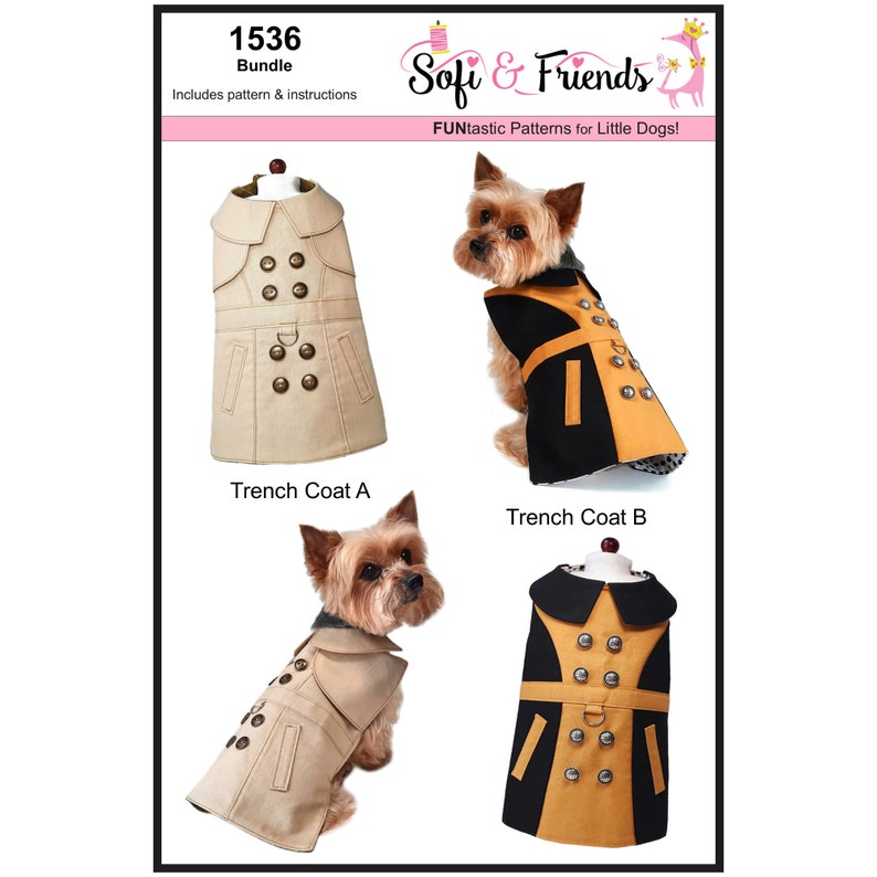 Dog Trench Coat Sewing Pattern 1536 Pet Dog Cat Clothes Pet Dog Cat Jacket Winter Pet Dog Cat Coats Dog Cat Harness Bundle 3 Sizes image 4