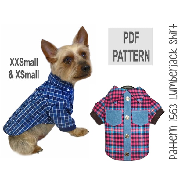 ランバージャック犬用シャツの裁縫パターン XXS/XSサイズ - PDF ペット用フランネル服DIY