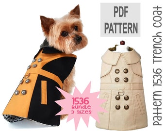 Dog Trench Coat Sewing Pattern 1536 - Pet Dog Cat Clothes - Pet Dog Cat Jacket - Winter Pet Dog Cat Coats - Dog Cat Harness - Bundle 3 Sizes