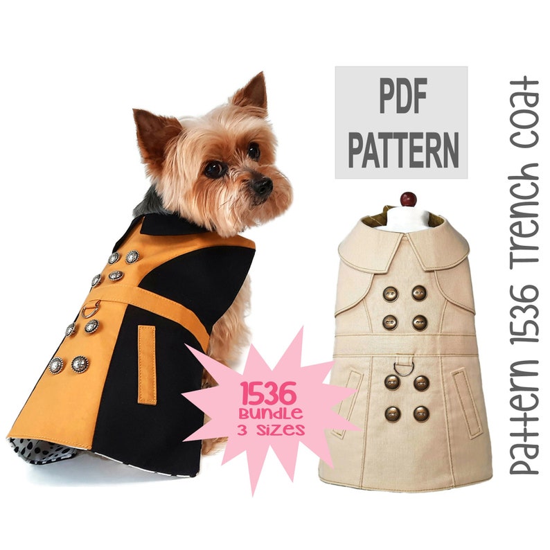 Dog Trench Coat Sewing Pattern 1536 Pet Dog Cat Clothes Pet Dog Cat Jacket Winter Pet Dog Cat Coats Dog Cat Harness Bundle 3 Sizes image 1