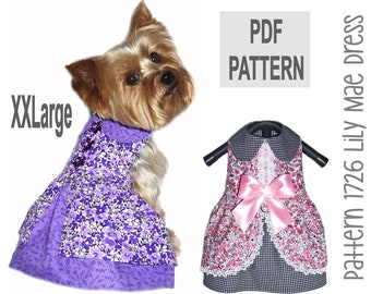 May include: PDF pattern for a dog dress called "Lily Mae Dress" in size XXLarge. The pattern includes a purple dress with a floral print and a pink dress with a floral print and a black and white checked trim.