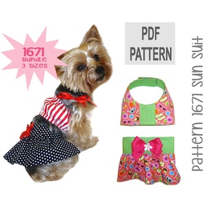 May include: PDF pattern for a dog sun suit. The pattern is for a three-piece suit with a halter top, skirt, and bow. The pattern is available in three sizes. The image shows a small dog wearing the completed suit.