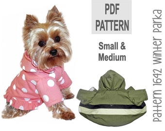 May include: PDF pattern for a dog winter parka in small and medium sizes. The pattern includes a pink polka dot parka and a green parka with a black and white stripe.