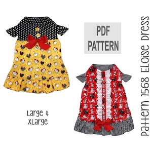 May include: PDF pattern for a dog dress called Eloise. The pattern is available in sizes large and x-large. The dress is shown in two different fabrics, one with a black and white polka dot pattern and a yellow fabric with a chicken print, and the other with a red fabric with a black cat print and a black and white gingham print.