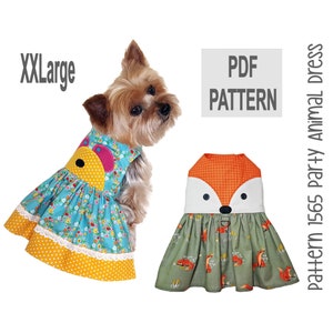 Puede incluir: Patrón PDF para un vestido de perro con un diseño de zorro y ratón. El patrón está disponible en talla XX-Large.