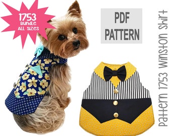 Winston Dog Shirt Sewing Pattern 1753 - Pet Dog Cat Clothes Patterns - Dog Cat Suits Shirts Bow Ties - Dog Harness Vests - Bundle All Sizes
