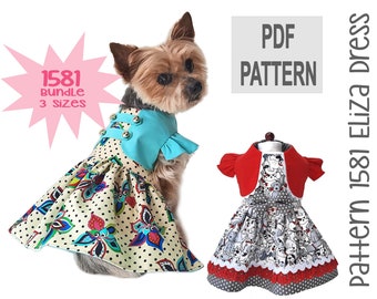 Eliza Dog Dress Sewing Pattern 1581 - Small Pet Dog Cat Clothes Patterns - Small Pet Dog Cat Dresses - Pet Dog Cat Clothing - Bundle 3 Sizes