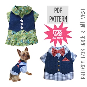 Puede incluir: Patrón PDF para un chaleco y un vestido para perro, llamado "1738 Jack & Jill Vest". El patrón incluye todas las tallas y está disponible para descargar digitalmente.