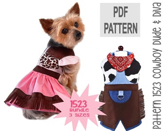 Patron de couture Cowboy Cowgirl Dog Outfit - Lot de 3 tailles - PDF Western Wear Costume