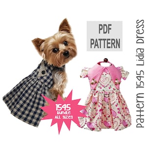 May include: PDF pattern for a dog dress called "Lidia Dress" pattern number 1545. The dress is pink with hearts and flowers. The pattern is available in all sizes. A Yorkshire Terrier wearing a plaid dress is shown in the image.