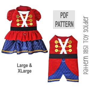 Puede incluir: Disfraz para perro rojo y azul con botones dorados y detalles blancos. El disfraz tiene una falda con un patrón de diamantes azules y una parte superior a juego. El texto "PDF PATTERN" es visible. Tallas: Large y XLarge.