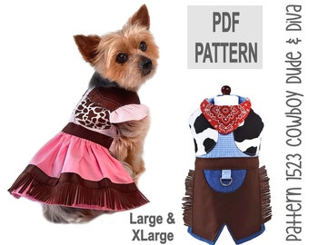 Cowboy Cowgirl Dog Outfit Sewing Pattern Lg/XLg – PDF Western Dress and Vest Costume