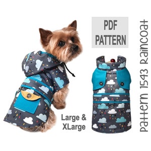 Patrón de costura 1543 para impermeable de perro (grande y extragrande) en PDF. Chaqueta impermeable de PUL con capucha, forro, cinturón y bolsillos para paseos en días lluviosos.