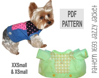 May include: PDF pattern for a dog jacket, called "Jazzy Jacket", in sizes XXS and XS. The pattern shows a green jacket with a geometric pattern and a dog wearing a blue denim jacket with pink and black polka dots.