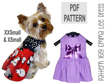 May include: PDF pattern for a purple and white gingham dog dress with a purple satin bow. The pattern is for XXS and XS sizes. The pattern is called "1619 Emma Lee Dress" and is shown on a Yorkshire Terrier wearing a red and black polka dot dress.