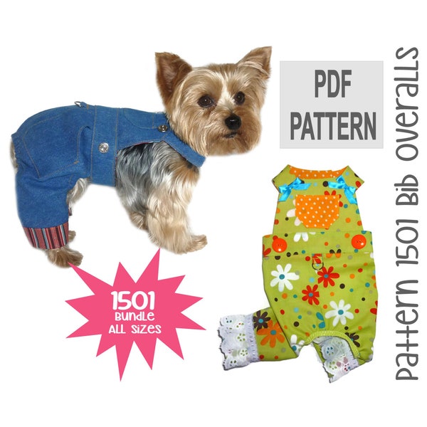 Dog Bib Overalls Sewing Pattern 1501 - Dog Jeans - Dog Pants - Pet Clothes - Dog Harnesses - Dog Clothes Sewing Patterns - Bundle All Sizes