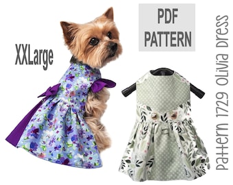 May include: PDF pattern for a dog dress in two styles. The first dress is a blue and purple floral print with a purple bow and ruffle sleeves. The second dress is a green and white floral print with a green and white checked bodice. The pattern is for an XXLarge size.