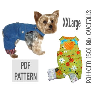May include: PDF pattern for a dog bib overall in XXLarge size. The pattern is for a green bib overall with white and orange flowers and a blue polka dot pocket. The pattern is also for a blue denim bib overall with red and white stripes on the legs.