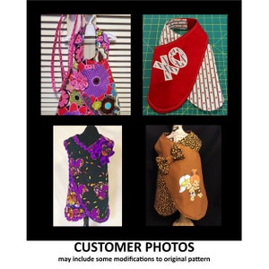 May include: Four different customer photos of handmade clothing for dogs. The first photo shows a pink and purple floral print dress with a pink bow. The second photo shows a red and white striped bib with a red heart and the text "XO" on it. The third photo shows a purple and black dress with a purple flower on the shoulder. The fourth photo shows a brown and leopard print dress with a brown bow and a cartoon image of a couple.