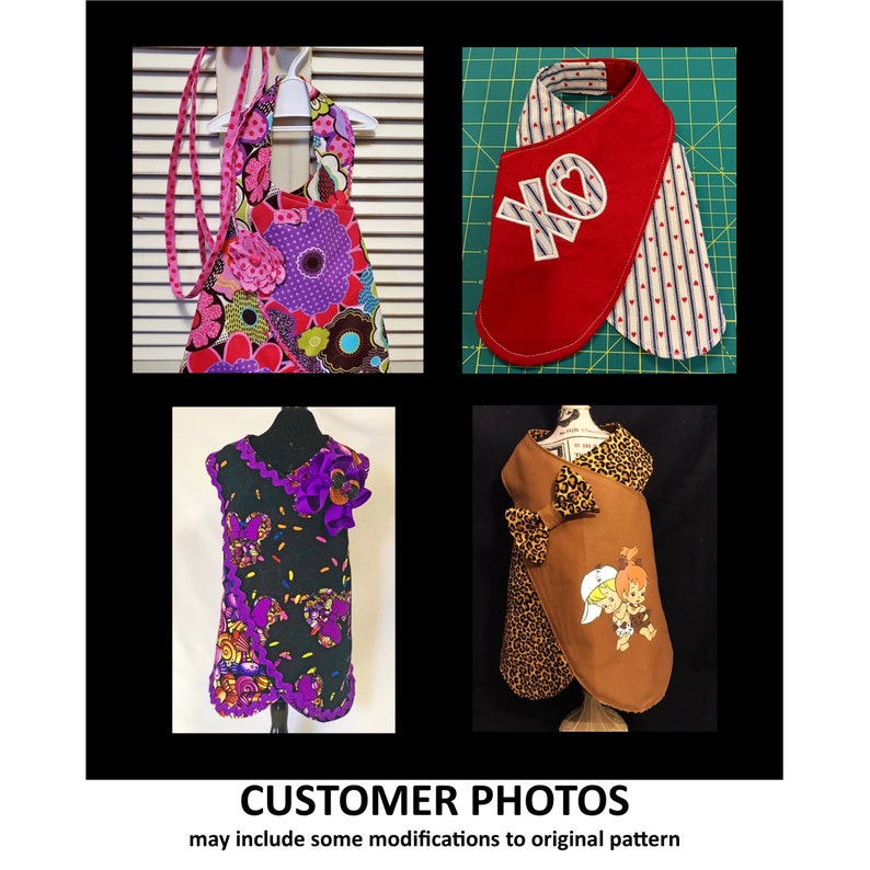 May include: Four different customer photos of handmade clothing for dogs. The first photo shows a pink and purple floral print dress with a pink bow. The second photo shows a red and white striped bib with a red heart and the text "XO" on it. The third photo shows a purple and black dress with a purple flower on the shoulder. The fourth photo shows a brown and leopard print dress with a brown bow and a cartoon image of a couple.