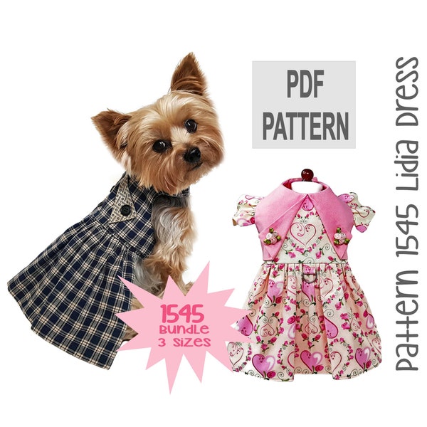 Lidia Dog Dress Sewing Pattern 1545 - Small Dog Clothes Patterns - Small Dog Cat Harness Dresses - Small Pet Dog Costumes - Bundle 3 Sizes