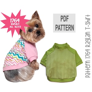 Puede incluir: Patrón PDF para una camiseta de perro, con un patrón de chevron rosa y colorido y un patrón de rayas verdes. El patrón está disponible en todas las tallas. Patrón # 1764 Camiseta raglan.