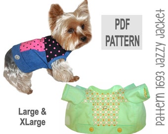 May include: PDF pattern for a dog jacket in sizes large and extra large. The pattern is called "Jazzy Jacket" and is for pattern number 1693. The image shows a small dog wearing a blue denim jacket with pink and black polka dots, and a green jacket with a yellow and green geometric pattern.