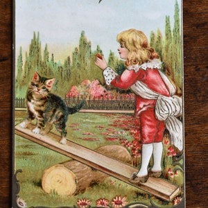 CARTÃO POSTAL antigo em relevo vintage do início dos anos 1900 vitoriano colecionável gatinho gato e menino de calcinha na gangorra - Alemanha - pronto para ser emoldurado
