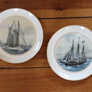 Vintage SAILBOAT Tall Ships Pair - Danbury Mint Porcelain Plates - Seashore Nautical Mod Beach House - Bel Espoir II France Gladan Sweden