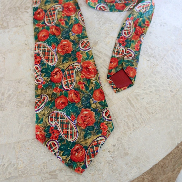 Men's All SILK Neck Tie Made in Milano ITALY Neckwear - Wonderful Fall Colors and Paisley & Orange Cabbage Roses Design - Great Gift