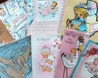 Adorable Vintage Welcome New BABY Girl Greeting Card Lot Collectible - Ready to be Framed/Re-Purposed Retro Designs/Graphics Decoupage